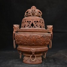 7.8 " Old Chinese Bamboo Root Dynasty Beast Phoenix Birds Incense Burner Censer