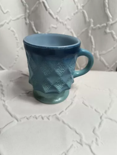 Vintage Anchor Hocking Fire King Blue Kimberly Diamond Glass Coffee Mug 