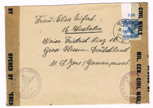 Schweiz MiNr 303 Bogenrand Zensurbrief U.S. von Wabern 28.1.1947 nach Wiesbaden