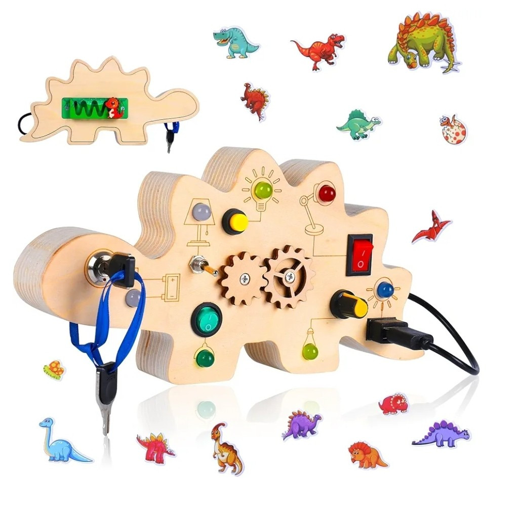 Wooden Dinosaur Activity Board for Toddlers Learning Fine Motor Skills