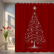 Christmas Tree Shower Curtain with Snowflakes on Red Background