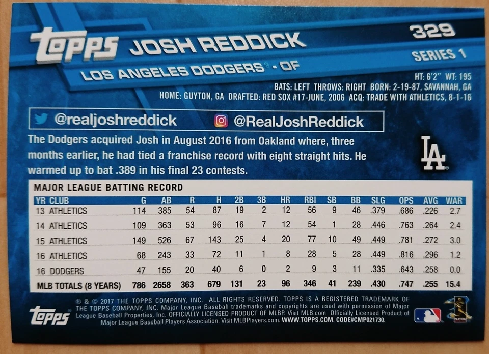 JOSH REDDICK 2017 329 MLB Major League LOS ANGELES DODGERS HOUSTASTROS Josh - Image 2 of 2