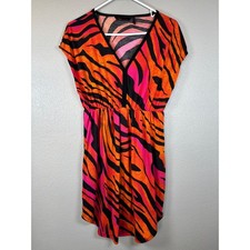 Sofia Vergara Womens Medium Dress Hot Pink Orange Black Zebra Print V Neck