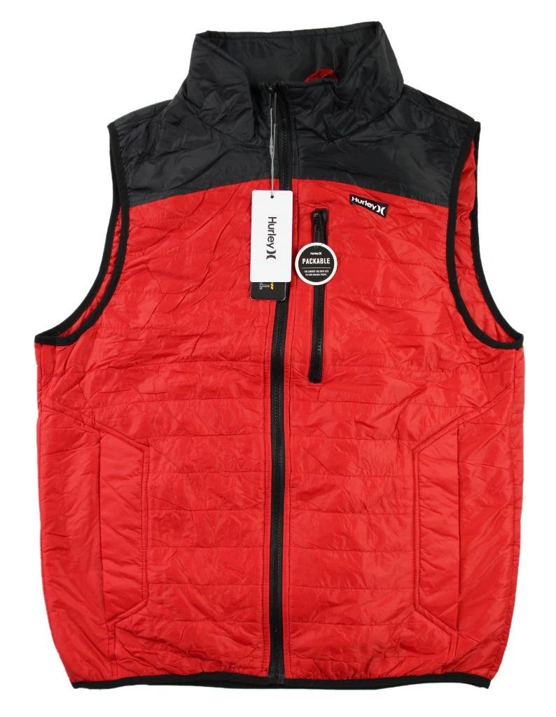 Hurley Mens Puffer Vest S Lightweight Full Zip Quilted Mock Neck Red Black NEW