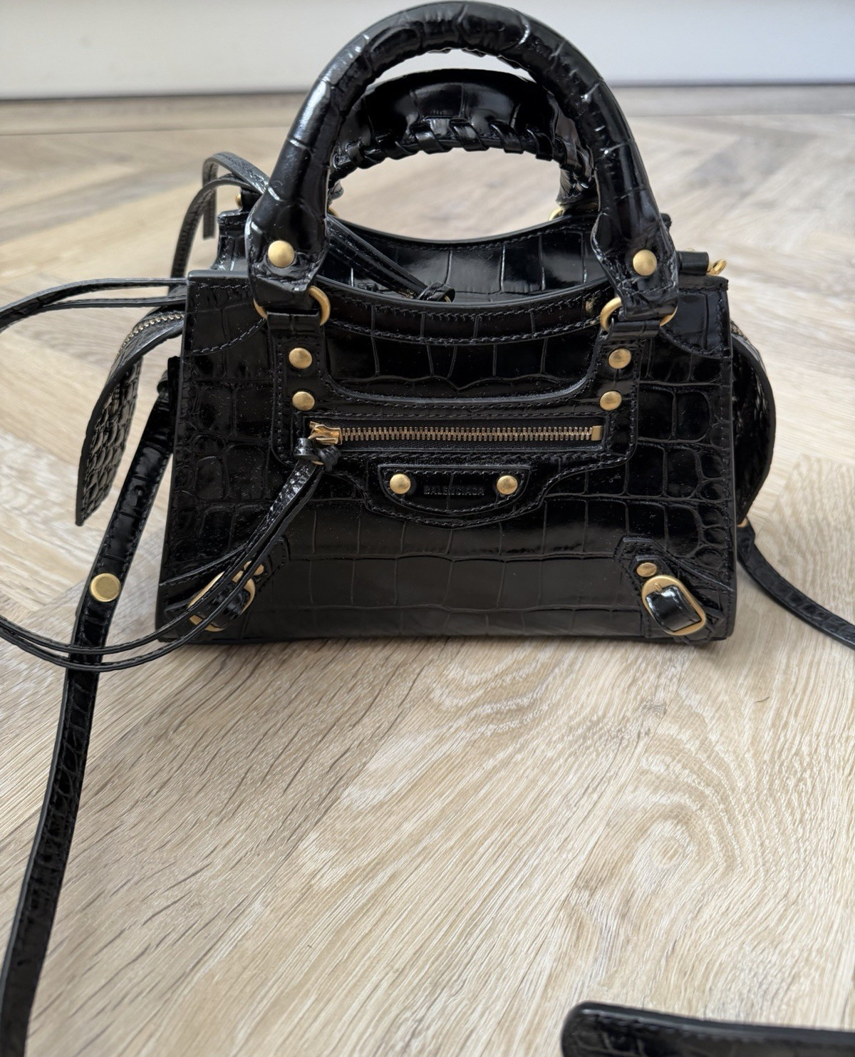 Balenciaga Neo Classic City Mini Black Croc-Embossed Leather Bag Gold Hardware