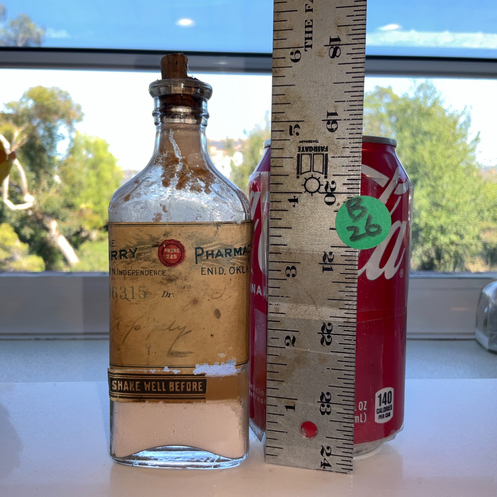 Vtg Corry Pharmacy Glass Bottle w/ Cork Stopper Label Faded Signature Endi Okla