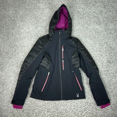 Spyder Jacket Womens 4 Black Hooded Ski Snowboard Softshell Puffer Insulated