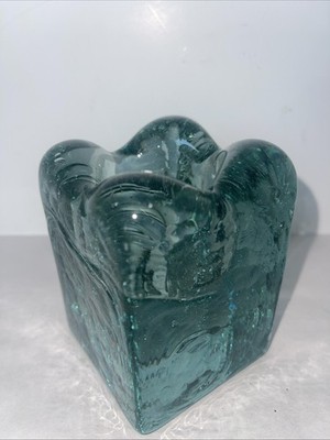 Vintage Blenko Candle Holder Recycled Glass Ice Cube Clear Tinted Green Square