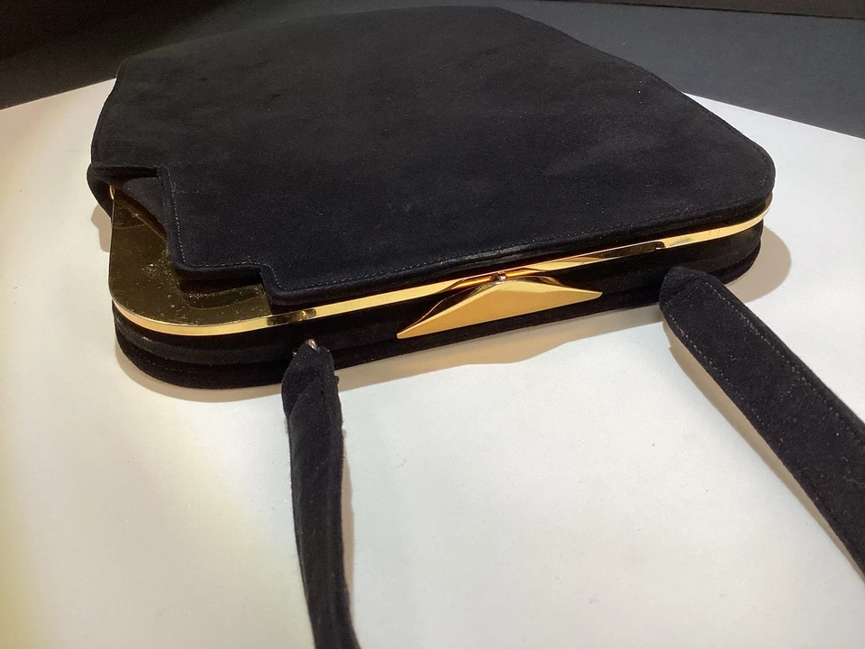 DE COLECCIÓN KORET Bolso de Mano Negro Niño Gamuza Tono Dorado Herrajes Italia con Monedero Foto 3 de 4