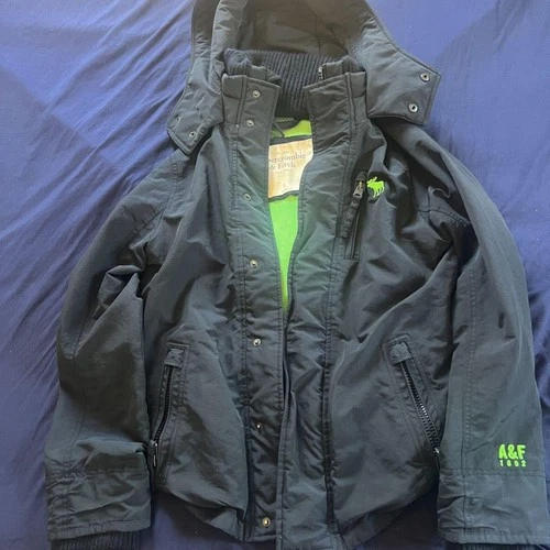 Abercrombie & Fitch Men's Small Navy Hooded Lined Winter Jacket Neon Green Moose image 2