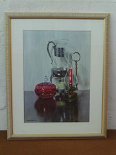 Framed Still Life Water Based Oil painting -Cranberry Glass Pot,Jug, Candle Lamp