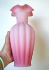11" Large Vintage 60s Fenton Glass Pink Satin Peach Blow Ribbed Ruffled Top Vase