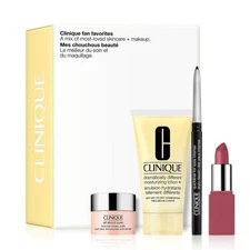 CLINIQUE 4PC EYE CREAM, FACE LOTION, EYELINER LIPSTICK FAN FAVORITES SET