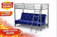 Metal Futon Bunk Bed Silver | Kids Teen Bunk w/ Sofa | Space Saving Frame