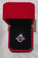 Created Ruby Halo Engagement Ring 925 Sterling Silver CZ Accents Size 6.75 New