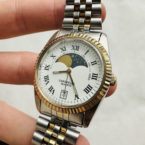RARE VTG CARAVELLE BULOVA REAL MOON PHASES 30m Quartz Watch USA Wrist bracelet - Picture 20 of 20