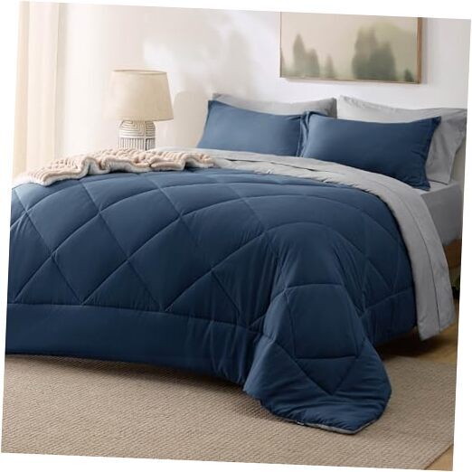 Navy Bedding Set - 7 Pieces Reversible Bed Sets in a Bag with Queen 03 - Navy