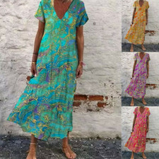 Women's Floral V Neck Maxi Dress Summer Beach Short Sleeve Long Boho Sundress