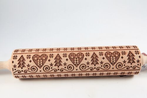 Embossed Wooden Rolling Pin Christmas Tree Snow Hearts Design 17” Poland NIB - Picture 4 of 9