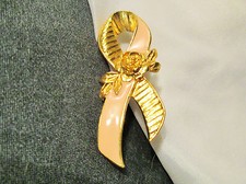 PINK RIBBON PIN gold rose leaf shabby chic vintage old Avon lapel