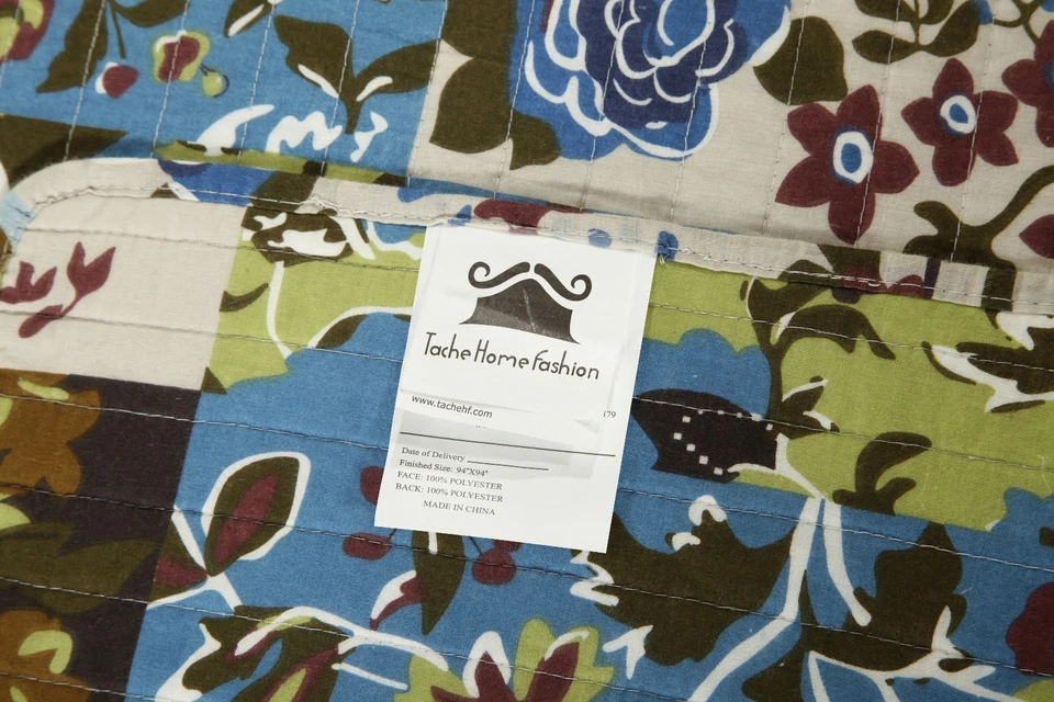 Juego de colcha cubrecama de retazos de cabaña floral de algodón azul marrón verde Foto 4 de 4