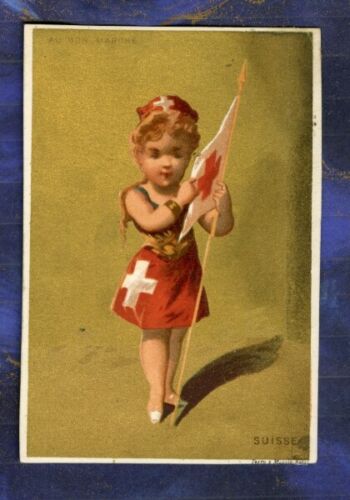 Chromo Au BON MARCHE bm60 FEMME DRAPEAU SUISSE TESTU MASSIN Flag Switzerland - Afbeelding 1 van 2