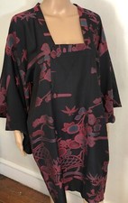 vtg Japanese Kimono Black Floral Print Pink Satin Contrast 46" Chest Komehyo
