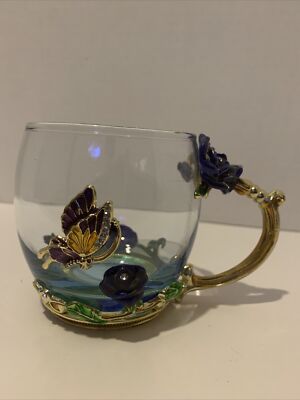 ARC France Glass Mug Cup Enamel Butterfly Blue Rose Tea Handmade Gold Marked
