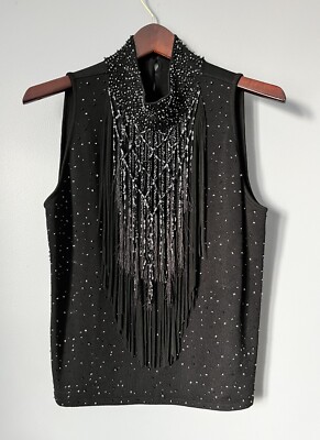 VINTAGE ESCADA BLACK BEADED FRINGE SLEEVELESS KNIT TOP