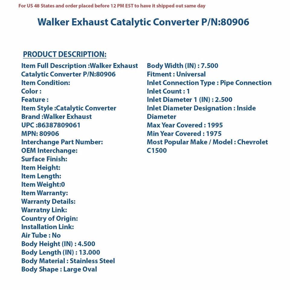 Каталитический преобразователь выхлопной системы Walker 80906 | высококачественная автозапчасть, универсальная - Изображение 4 из 4