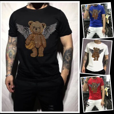 Fashion Trend Bear Wing Hot Diamonds Rhinestone Summer Cotton Luxury Men T-Shirt