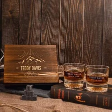 Personalised Set of 2 Round Star Base Whiskey Glasses & 6 Ice Stones in Wooden G