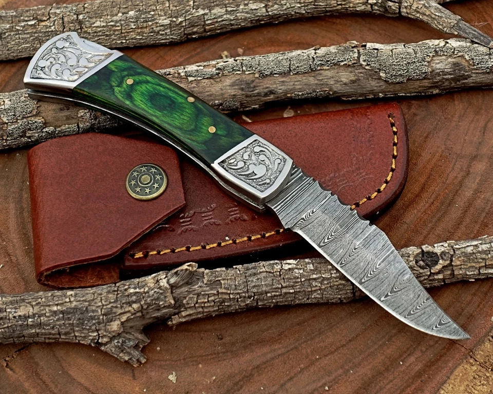 Cuchillo de bolsillo plegable con bloqueo trasero hecho a mano Damasco camping caza cuchillo y bolsa Foto 4 de 4