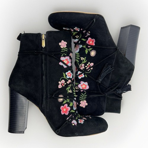 NEW Sam Edelman Black Suede Leather Embroidered Floral Winnie Boots 8.5 Anthro