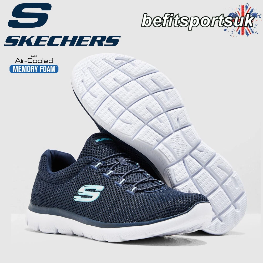 SKECHERS WOMENS TRAINERS BLUE SKETCHERS LADIES MEMORY FOAM SLIP-ON WALKING  SHOES