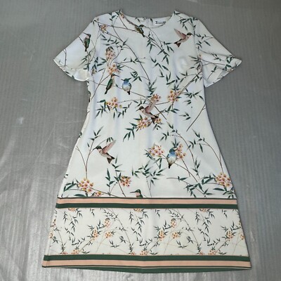 7th Avenue NY&C White Floral Print Birds Mini Dress Party Women's M
