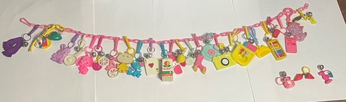 VINTAGE 1980s PLASTIC CLIP ON BELL CHARM NECKLACE w/ 30 CHARMS - 3 detached