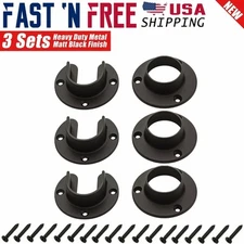 3 Sets Heavy Duty Stainless Steel Closet Pole Sockets Rod End Support Matt Black