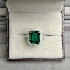 Leb-Created Emerald Ring, 925 Solid Sterling Silver Engagement Ring Gift For Her