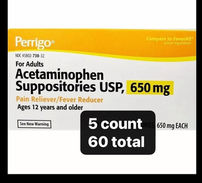 Perrigo Acetaminophen Suppositories 650mg 60 Count -Expiration Date 6-28