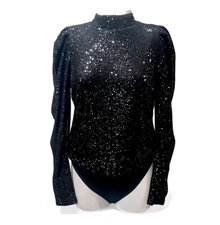 Rachel Zoe Bodysuit Black Sequin Long Puff Sleeve Open Back Womens Medium New