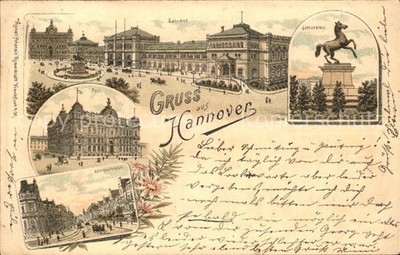 Hanover City Ernst August monument station Sachsenross post Koenigstrasse litho