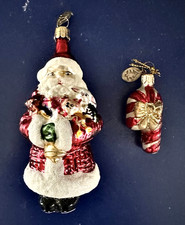Blown Glass Santa Claus  Candy Cane Ornament Tree Tag Lot of 2