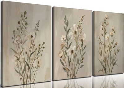 Neutral Floral Canvas Wall Art Set of 3 Botanical Wall Decor Beige Wildflower...