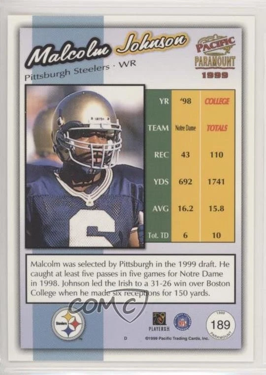 1999 Pacific Paramount Gold Malcolm Johnson #189 Rookie RC - Image 2 of 2