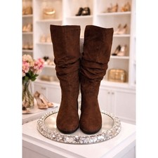 New Womens Chocolate Brown Faux Suede Slouchy Knee High Flat Boots with Tassels