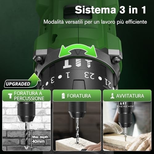 Ginour Trapano Avvitatore a Batteria 21V 50Nm Brushless 2x2.0Ah 47 Accessori foto 4