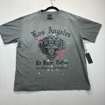 Ed Hardy T Shirt Men s XL Gray Tiger Graphic Rhinestone Tattoo NWT Y2K
