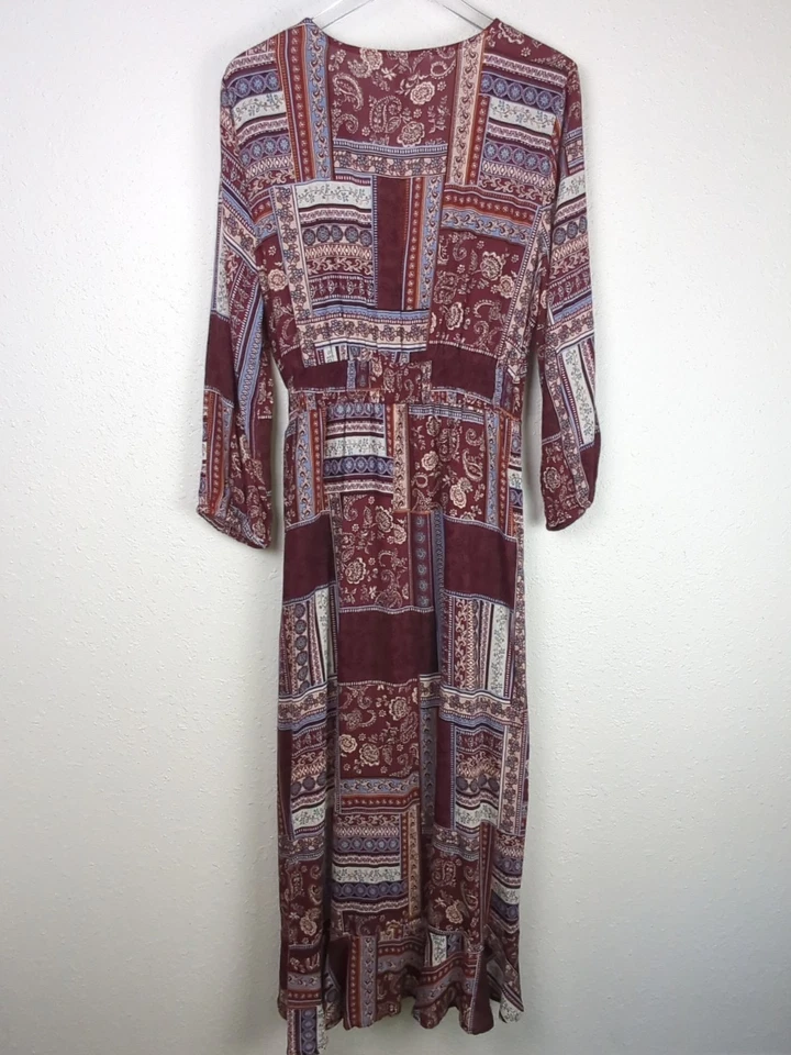 American Rag Dress L Burgundy Floral Bohemian Ruffled Fit & Flare Maxi Hi Lo Hem - Image 3 of 4