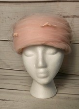 Vintage Pink Fascinator Church Hat Ladies Bows And Netting Pillbox Hat With Veil
